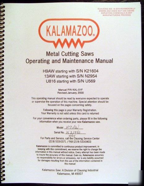 Kalamazoo operating service parts manual H9AW 13AW U816
