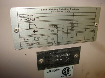 Esab plasma cutter plasmarc 125 built in air 120 volt 