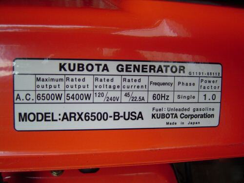 Kubota generator arx 6500 no 