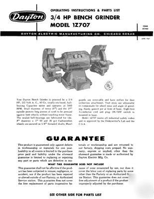 Dayton model 1Z707 bench grinder instructions & parts