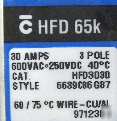 Cutler-hammer circuit breaker HFD3030 30A 3P hfd 65K 