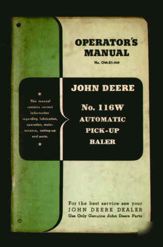John deere 116W pick up baler operator's manual jd 1949