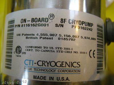 Cti cryogenics on-board 8F cryopump 8116162242 rebuilt
