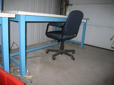 Blue & white work stations 6 & 5 feet long 28 1/4 tall