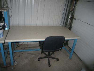 Blue & white work stations 6 & 5 feet long 28 1/4 tall