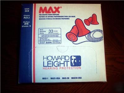 Box of 100 pair howard leight max-30 corded earplugs