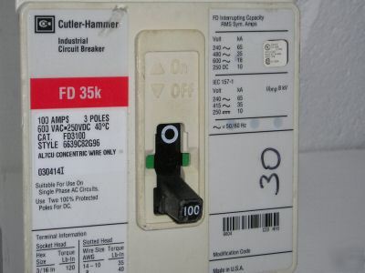 Cutler-hammer circuit breaker, 100A, 600V, FD3100