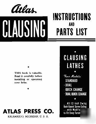 Atlas clausing 12 inch lathes parts & ops. manual 