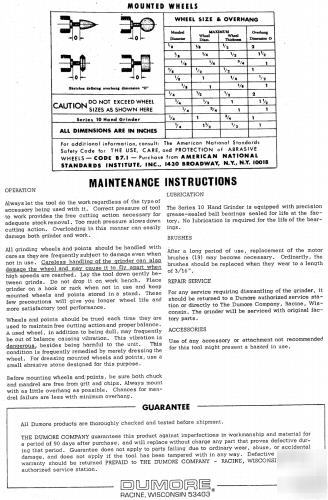 Dumore hand die grinder #10-211 110V 22000RPM w/wheels