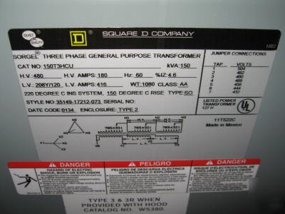 Square d transformer 150 kva 150T3HCU 480/208/120V